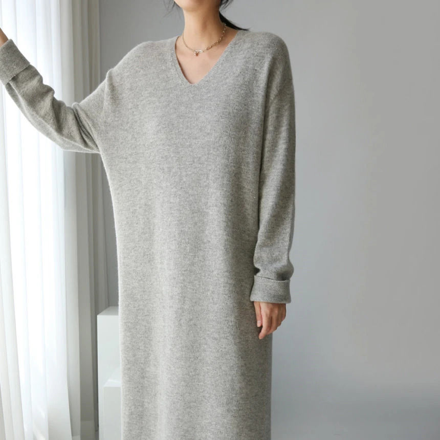 Long Sweater Dress Women Autumn Winter V Neck Knitted Loose Women Maxi Cashmere Dress Korean Style Elegant Dresses 251023