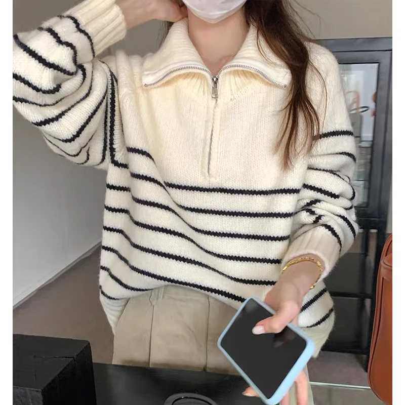 Fashion Loose Knitted Pullover Striped Women Sweater AutumnWinter New Korean Long Sleeve Casual Short Tops Half Zipper KnitwearT251025