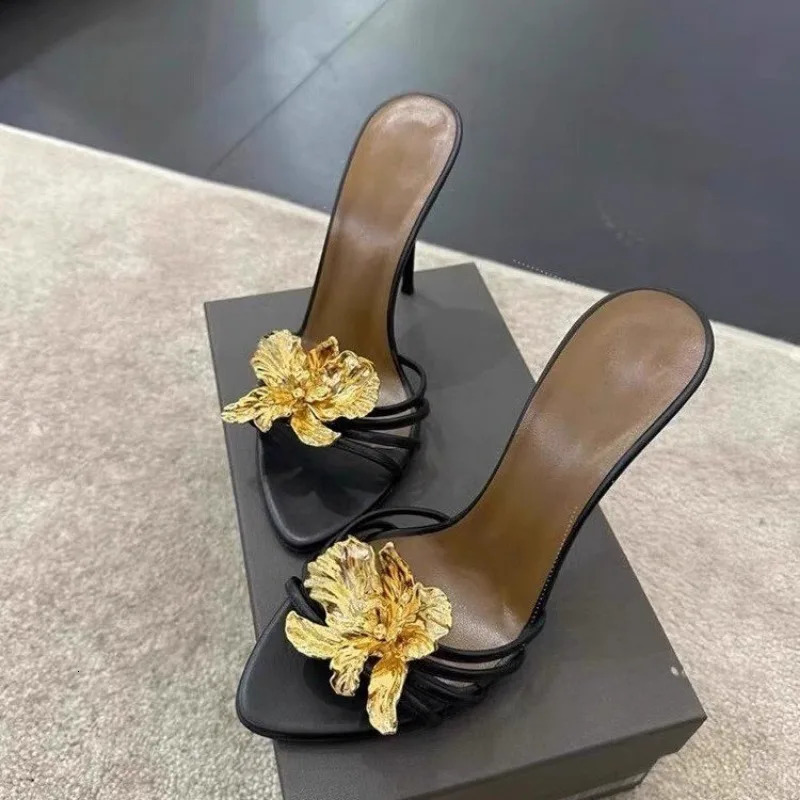 Womens Sandals Slippers Summer Metal Flowers Beautiful Fashion Sandals Womens Stiletto High Heels Black Sandals 251023