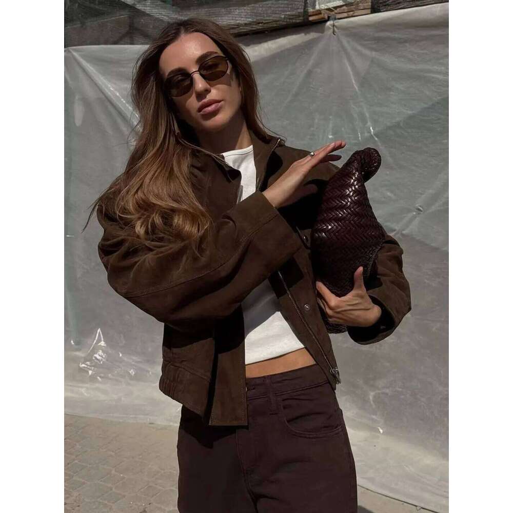 Tidalyf Women Faux Suede Jacket Stand Collar Long Sleeve Decorative Pocket Elastic Hem Casual Chic Autumn Coat