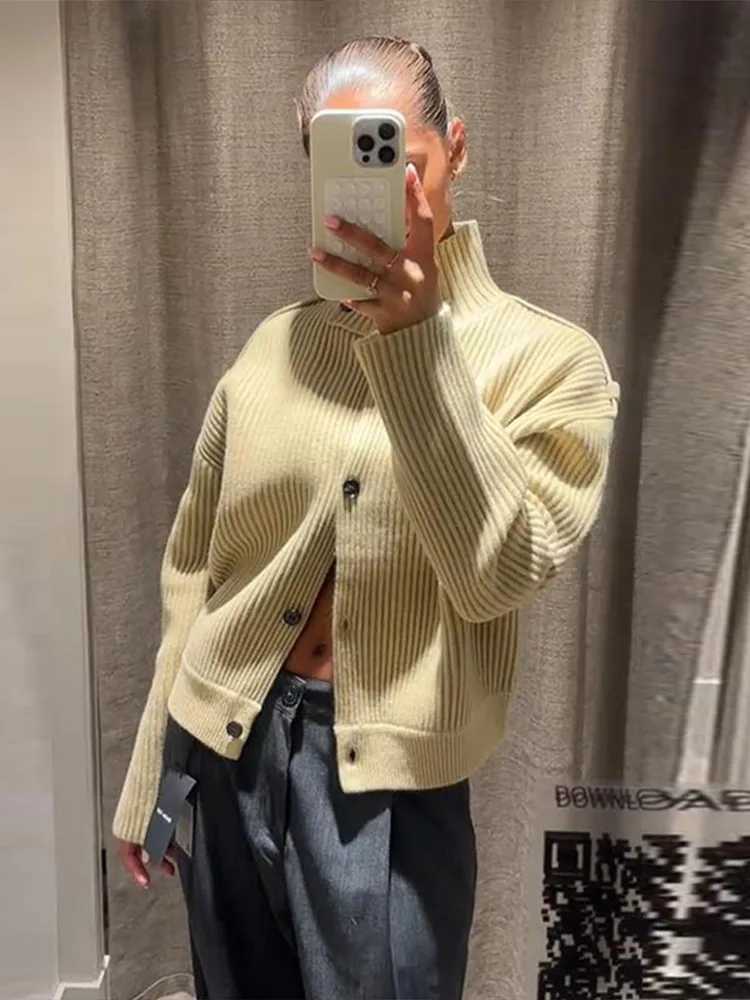 High Neck Knitted Sweater Jacket Woman Solid Color Single Breasted Long Sleeves Loose Coats Casual Street Womens Autumn JacketsT251025