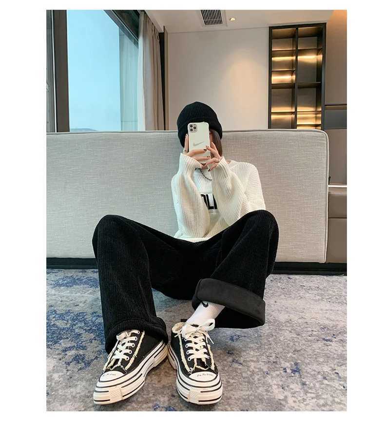 Womens Fleece Wide Leg Pants Winter High Waist Long Pants Loose CasualT251025