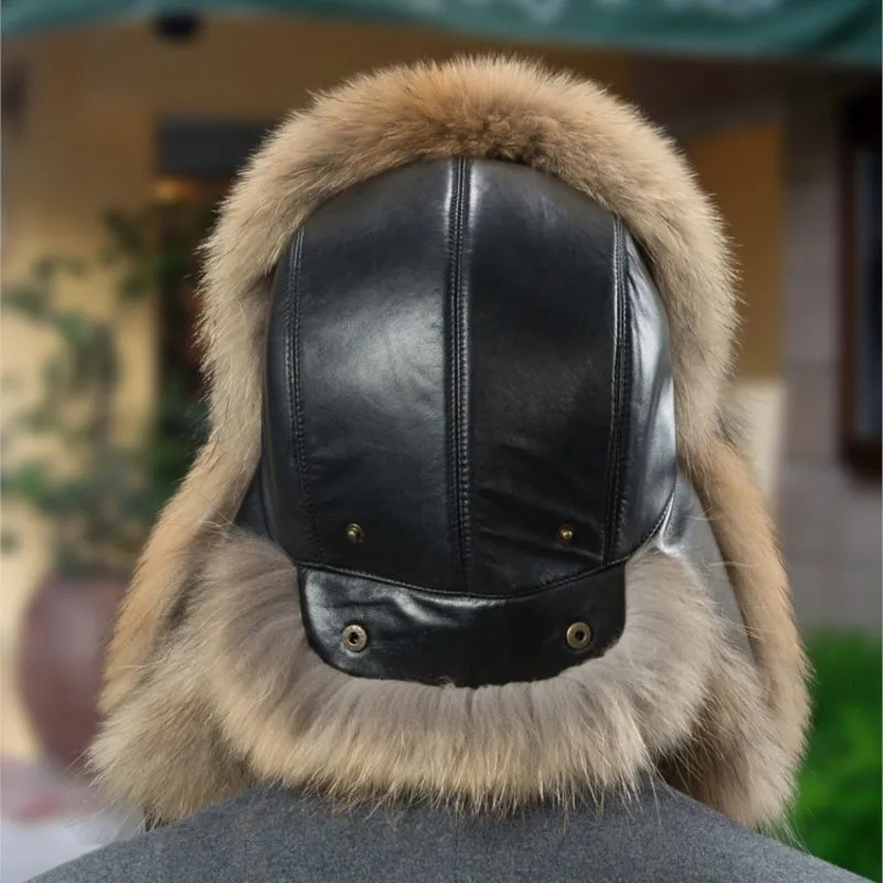 Real Fox Fur Hats Men s Winter Lei Feng Hat MiddleAged Elderly Outdoor Thickened Raccoon Fur Cap Warm Sheep Leather Bomber Hat 251024