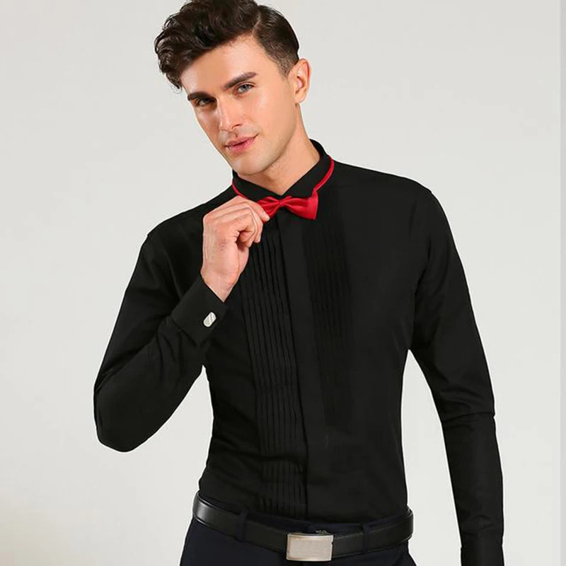 Classic Winged Collar Dress Shirt Mens Wingtip Tuxedo Formal Shirts with Red Black Bow Tie Party Dinner Wedding Bridegroom Tops 251023
