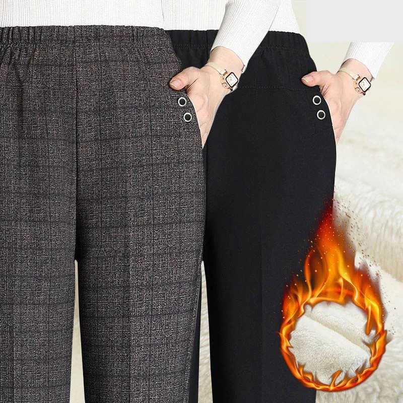 Moms Winter Thicken Striped Straight Pants Elegnt Plus Velvet Pantalones Warm High Waist Office Lady Suit Oversize 5xl TrousersT251025
