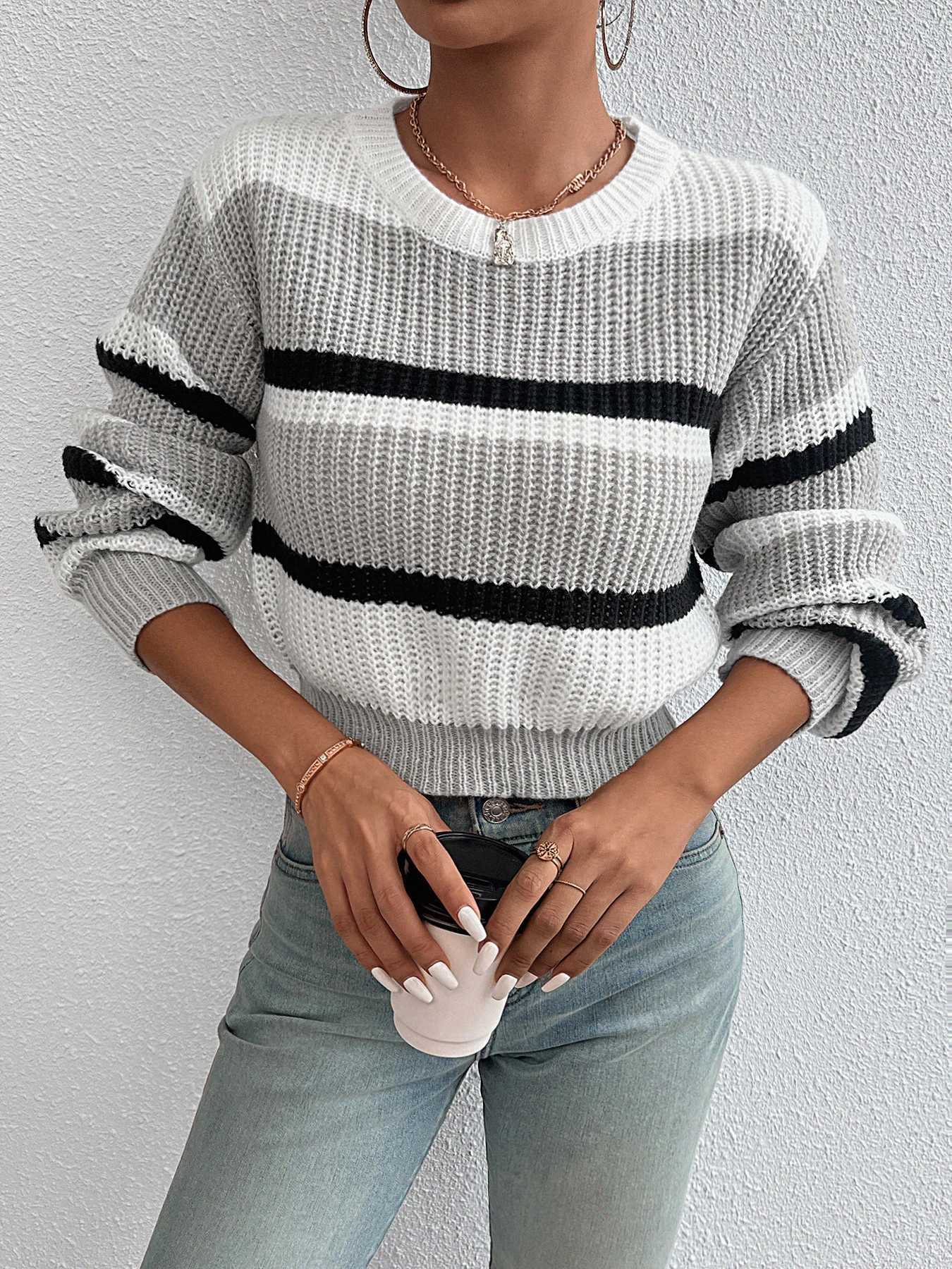 2024 autumn and winter hot sale new acrylic loose drop shoulder round neck color matching knitted long sleeve ladies sweaterT251025
