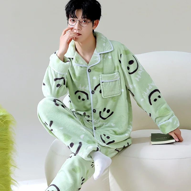 Cartoon Winter Pajamas Mens Open Cardigan Thiened Flannel Home Clothes Warm Spwear Long Sve Long Pants for Youth 251021