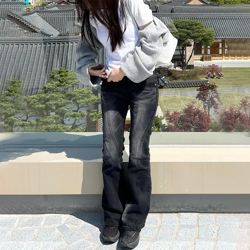 Karrram Vintage Distressed Low Waist Jeans Grunge Asymmetrical Waist Denim Pant Korean Fashion Black Flare Jeans Kpop Streetwear 251023