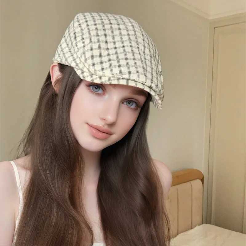 Korean version of Instagram minimst plaid forward hat for wen suitable for spring and summer casual berets in all seasons Y251025