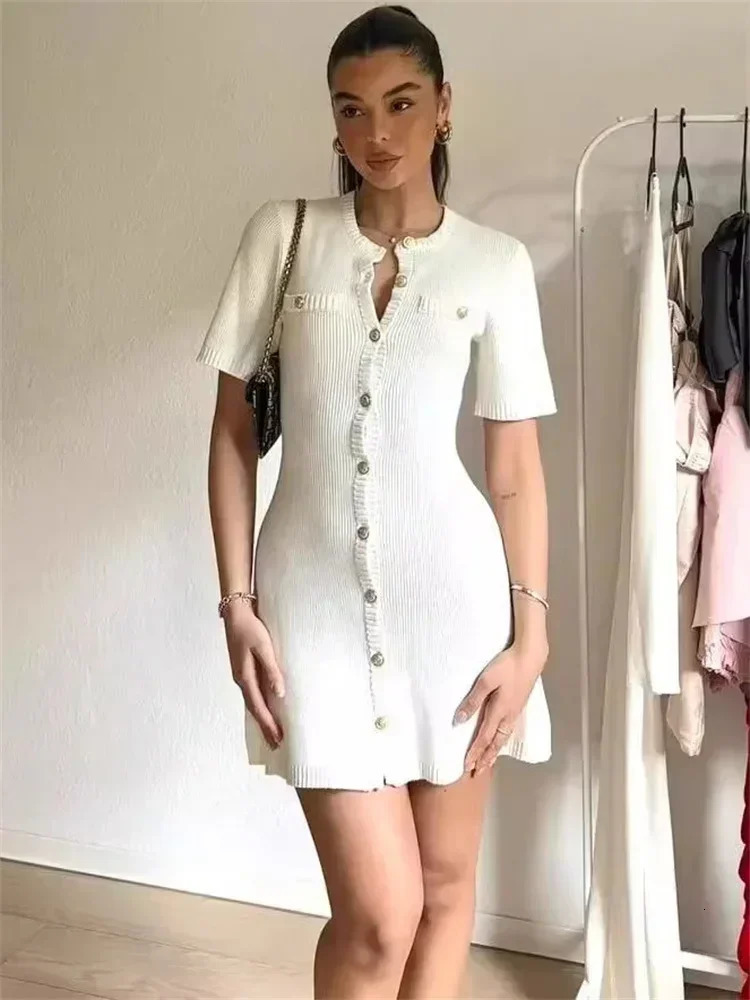 Trendix Elegant Knit Mini Dress Women Street Slim High Waist Short Sleeve Rib Sweater Dresses Vacation Bodycon Knitwear Dress 251023