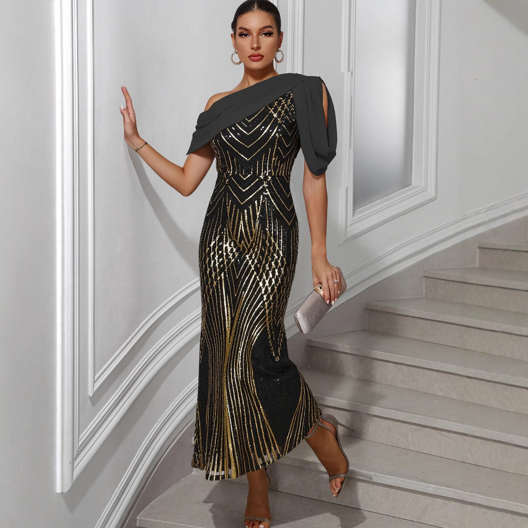European and American new women's designer fashionable and sexy one shoulder chiffon patch sequin dress evening gown