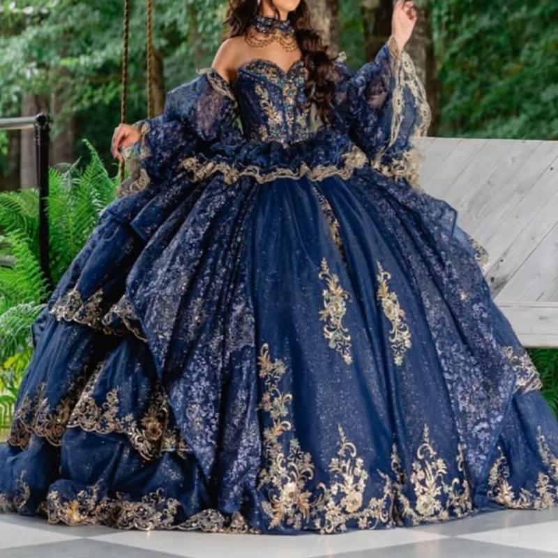 Navy Blue Shiny Quinceanera Dresses Ball Gown Off The Shoulder Applique Lace Beading Crystal Corset Party Birthday Sweet 16 Dress Vestidos 15 De Anos
