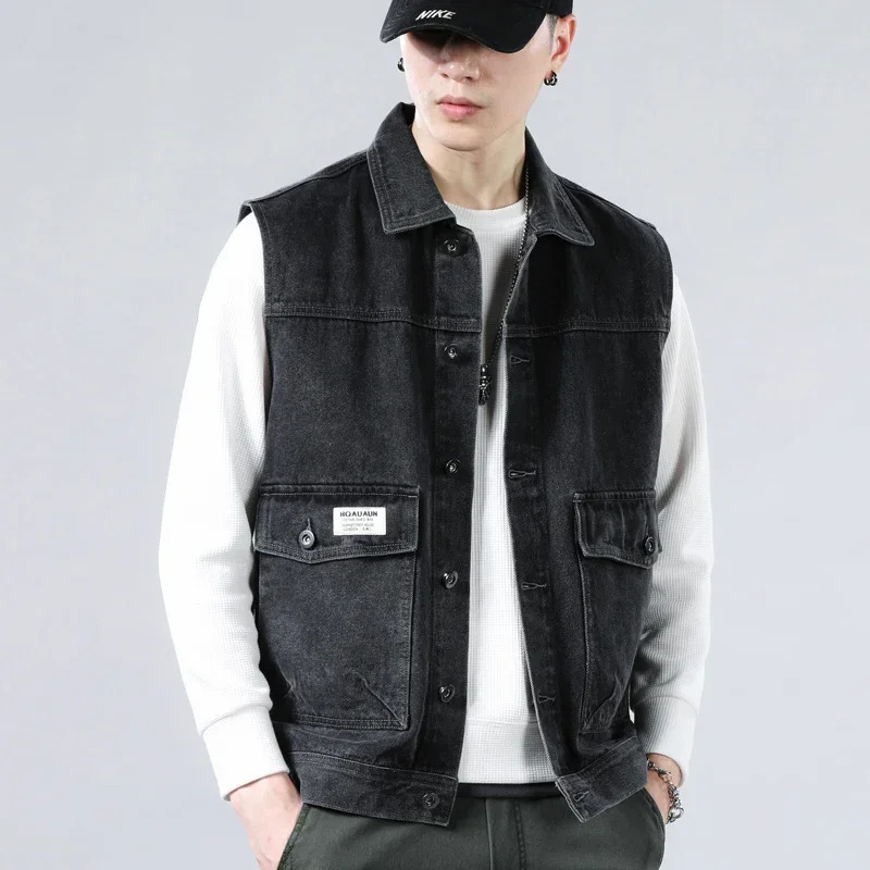 Mens Sleeveless Denim Jacket Single Breasted Lapel Vest Coat Blue Gray Black Top Asia Size M5XL 251017