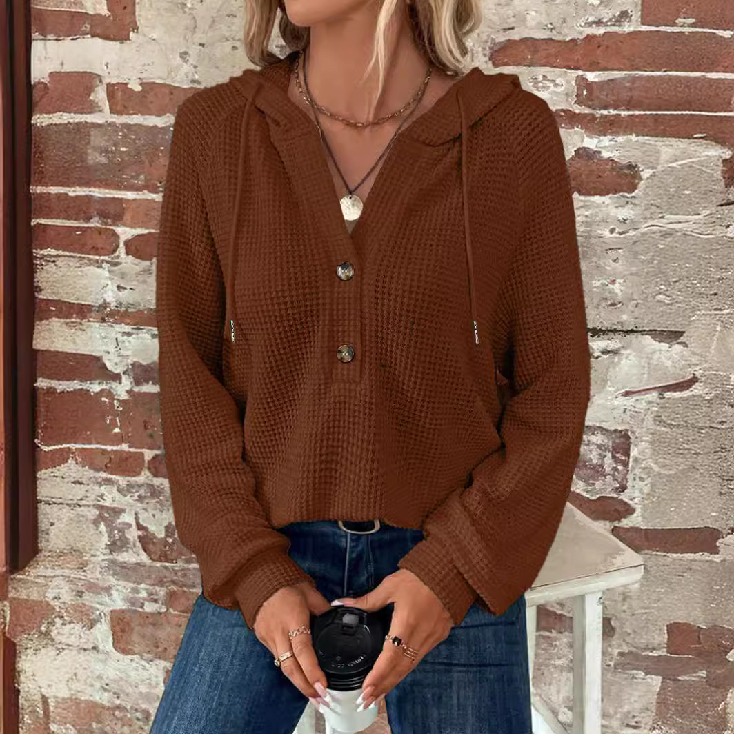 2025 Autumn Winter New Solid Color Hooded Button Loose Long Sleeve Sweatshirt Women's Fashion