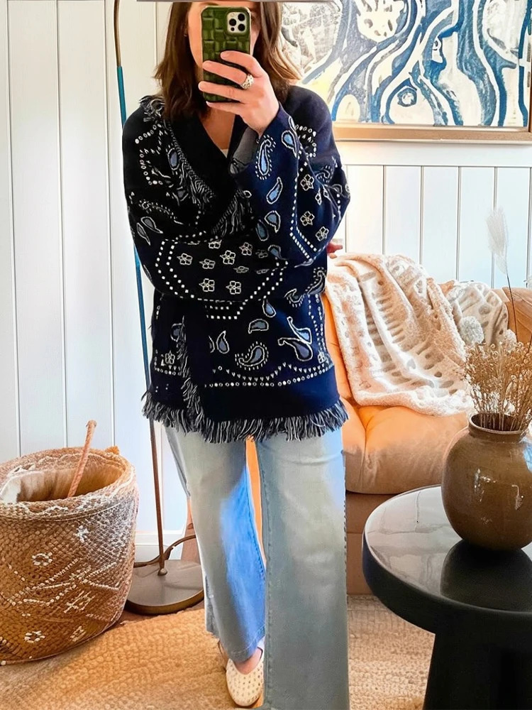 Fashion Printed Tassel Patchwork Cardigan Women Vneck Long Sleeve Loose Sweater Lady Autumn Daily Commute Street Knitwear 251013