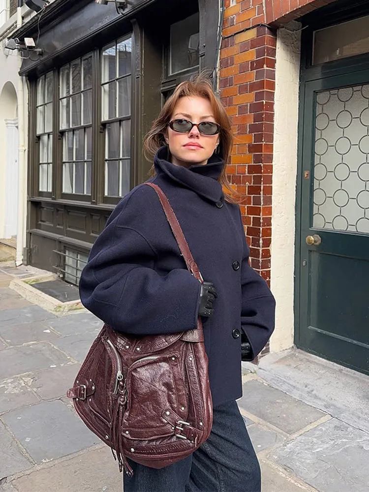 Casual Solid Woolen Jackets Women Stand Collar Full Sleeve Loose Single Breasted Coats Female 2025 Autumn Winter Lady Outwears 251013