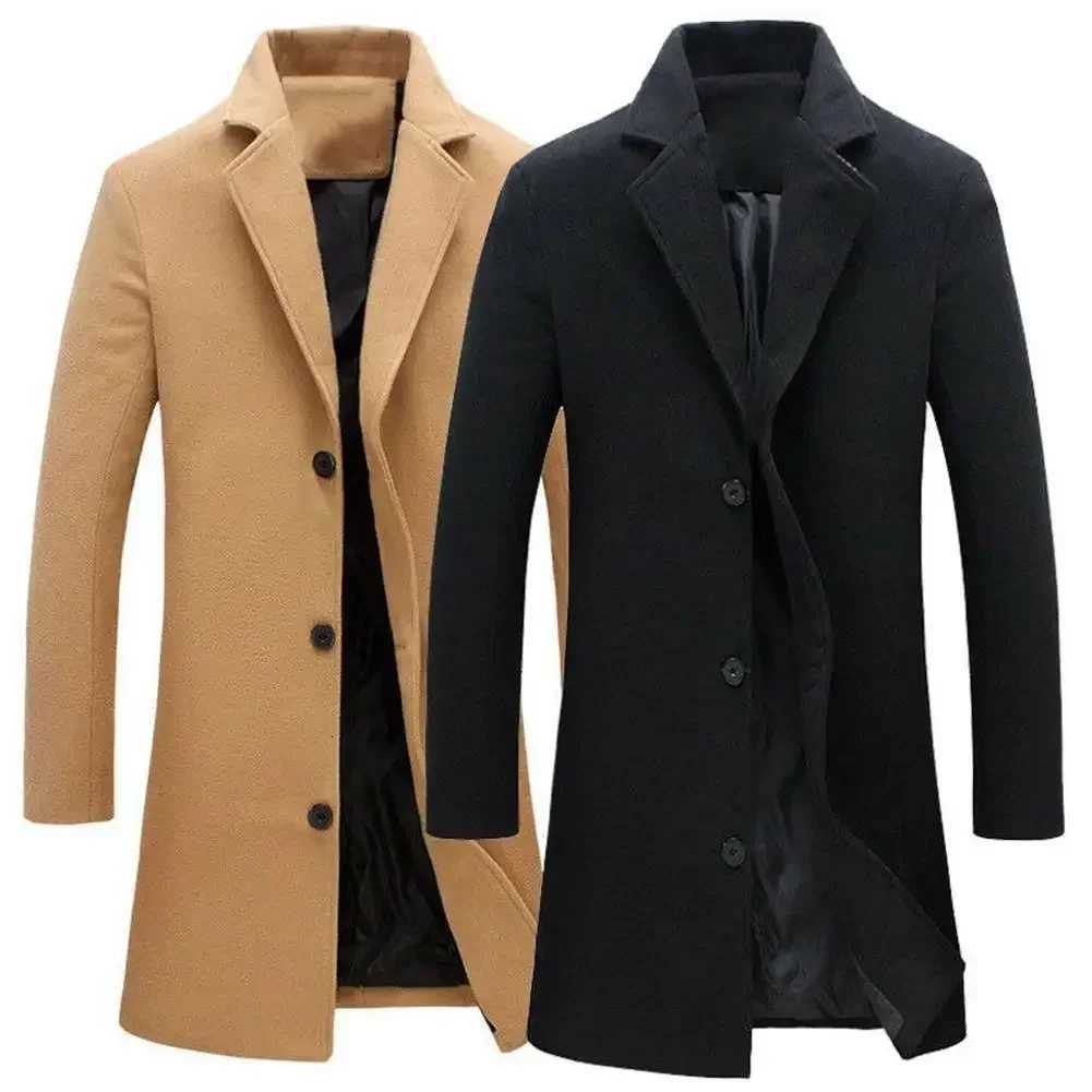 Spring Autumn New Long Cotton Coat New Wool Blend Pure Color Casual Business Fashion Mens Clothing Slim Windbreaker JacketT251025