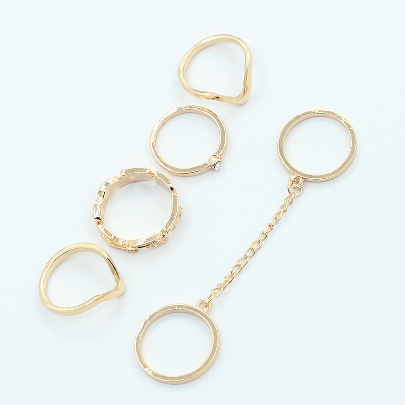 Personalized Fashion Versatile Ring Inlaid with Diamonds Leaf V-Shaped Joint Finger Chain 6-Piece Set New Style