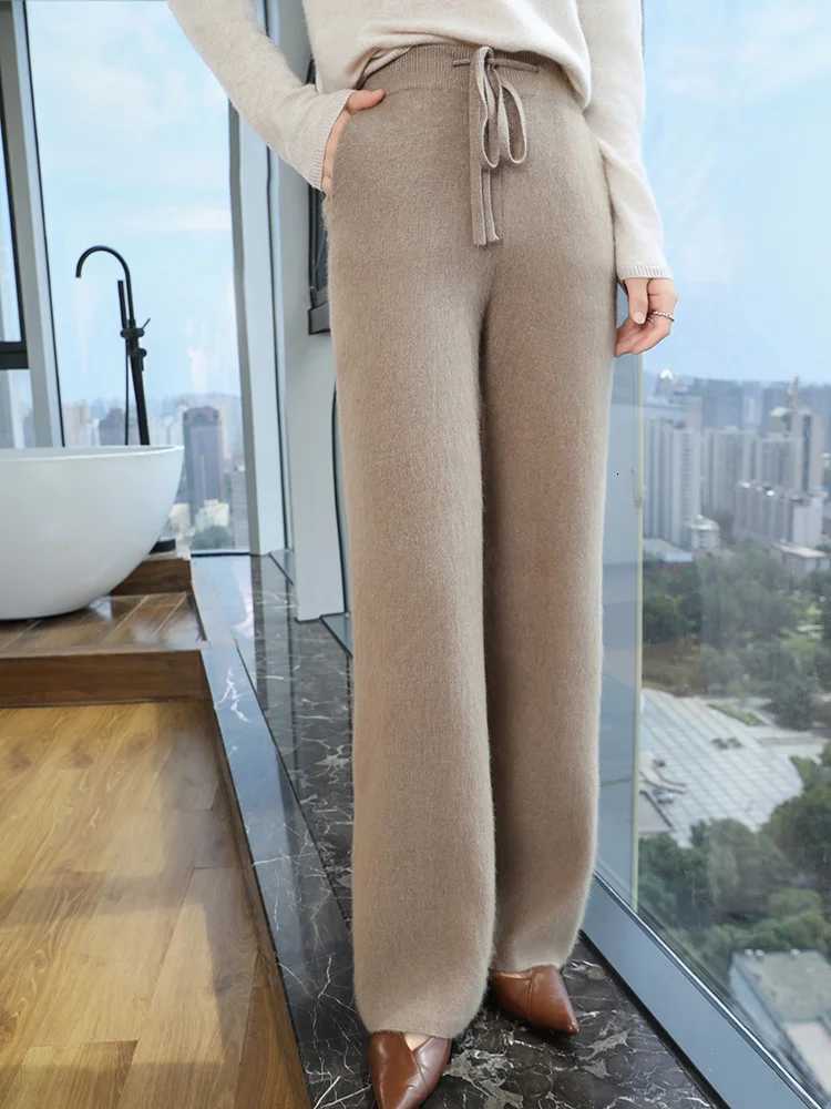 Womens Cashmere Trousers Elastic Waist Wide Leg Pants Autumn Winter 100 Mink Cashmere Knitwear Pockets Casual Drawstring PantsT251025