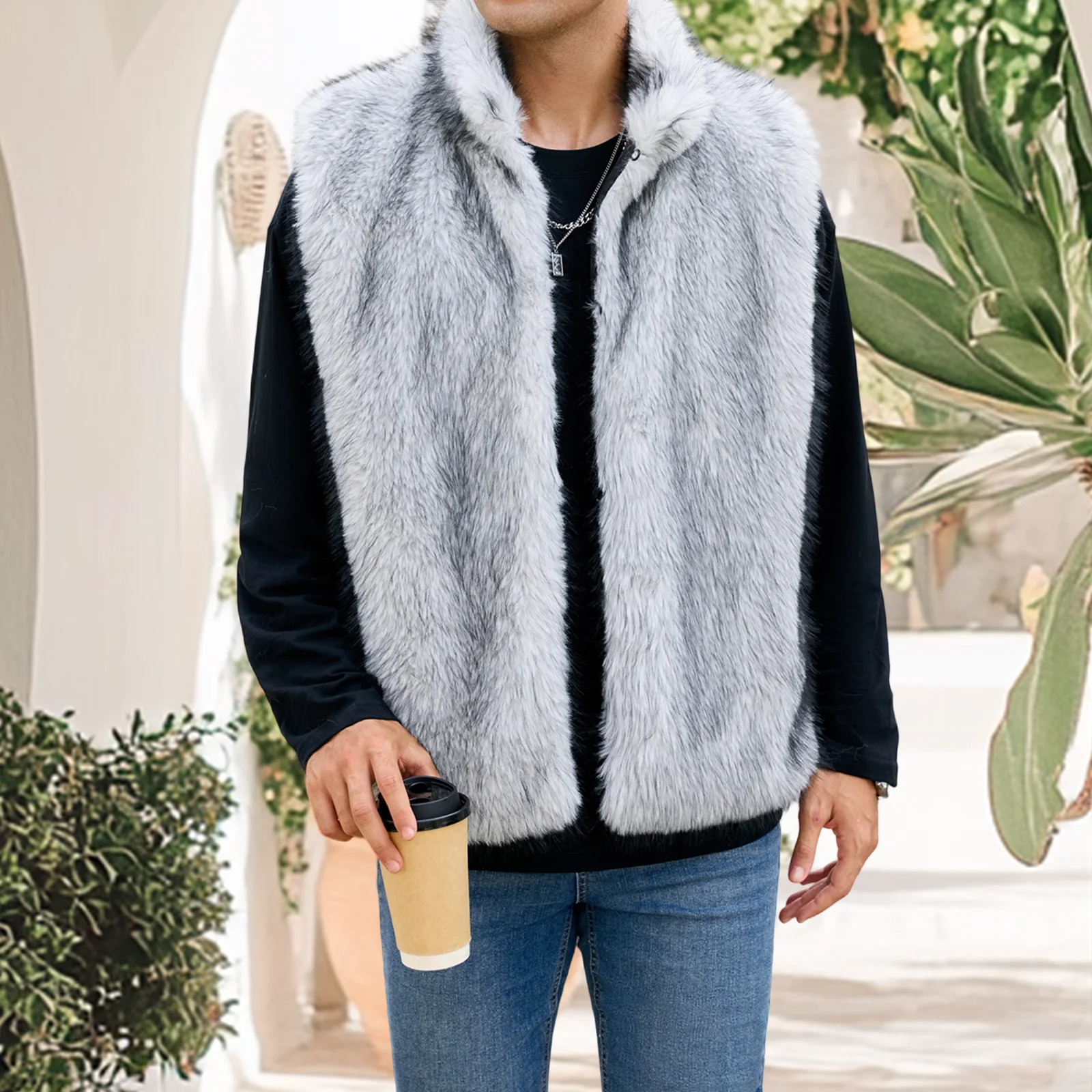 Men Faux Fur Sleeveless Coat Loose Contrast Stand Collar Warm Furry Fall Winter Vest Jacket 251020
