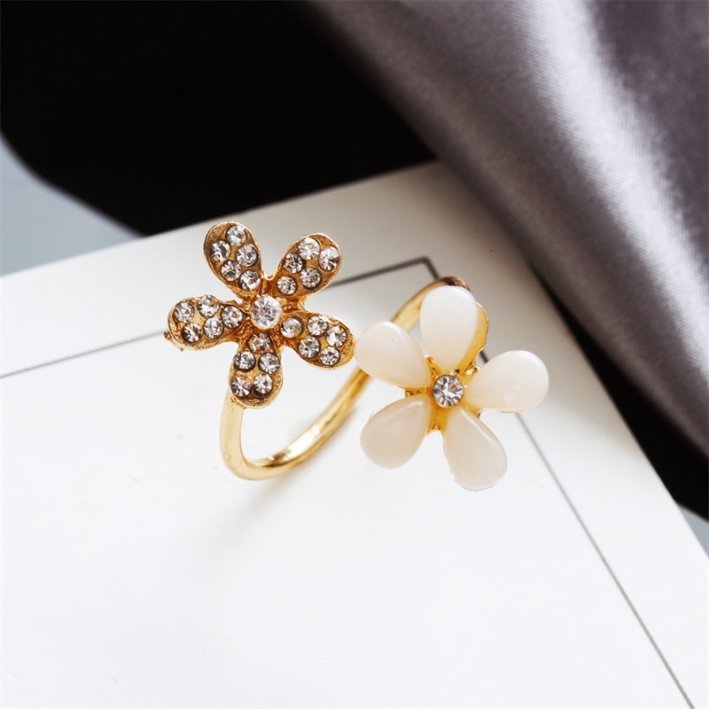 New Cat's Eye Stone Open Version Micro Pave Five-Leaf Flower Ring Korean Trendy Jewelry