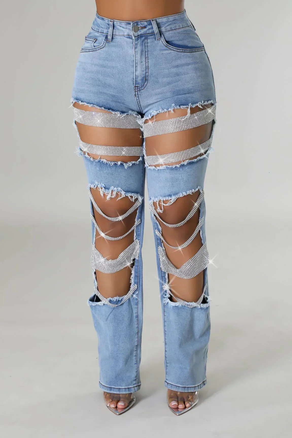 Ripped Jeans for Women Straight Pants Diamonds Chain Stretch Distressed High Waist Floor Length 2025 Streetwear Denim Trousers 251023