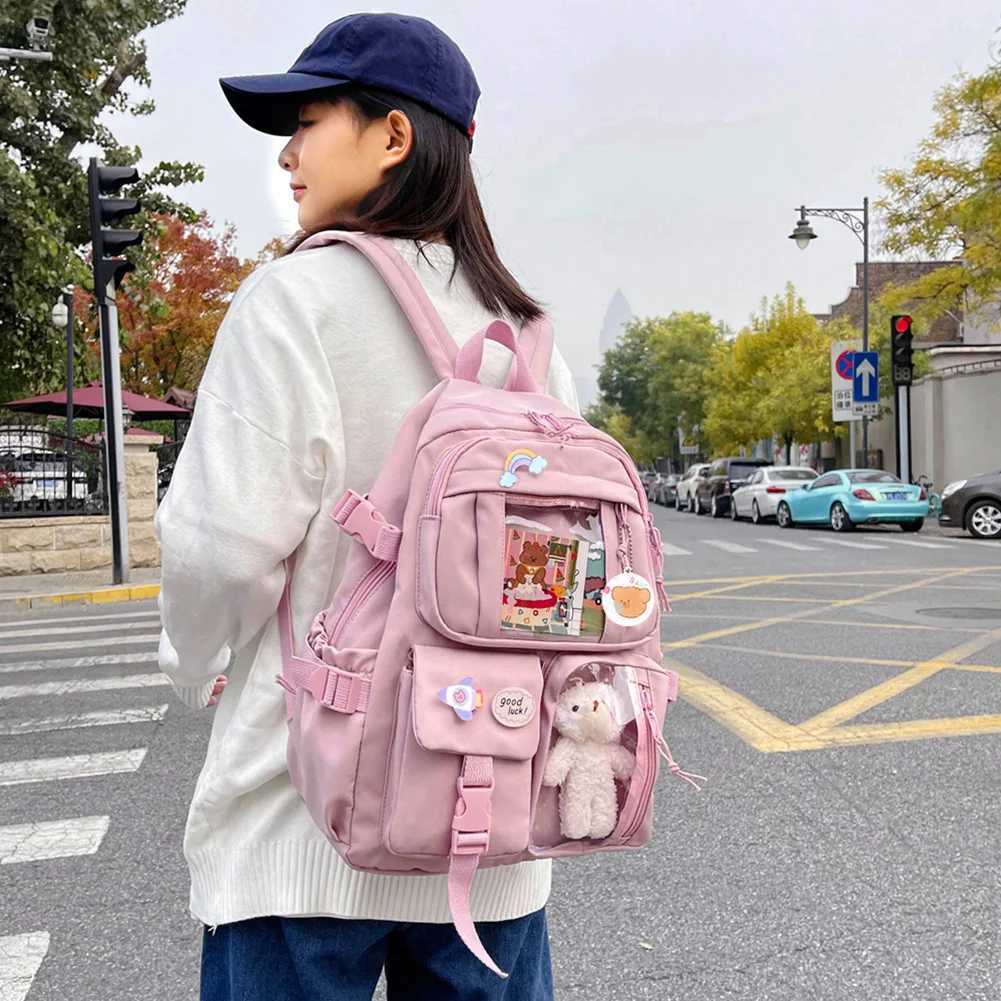 College Student Rucksack Fashion School Backpack with Plush Pendant Pin Cute Kawaii Large Capacity Japanese Style for Vacations W251025
