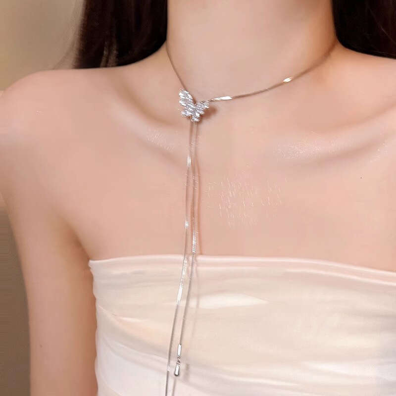sier Butterfly Long Tassel Necklace for Women New Style Pull-out Clavicle Chain Unique Temperament Versatile Jewelry