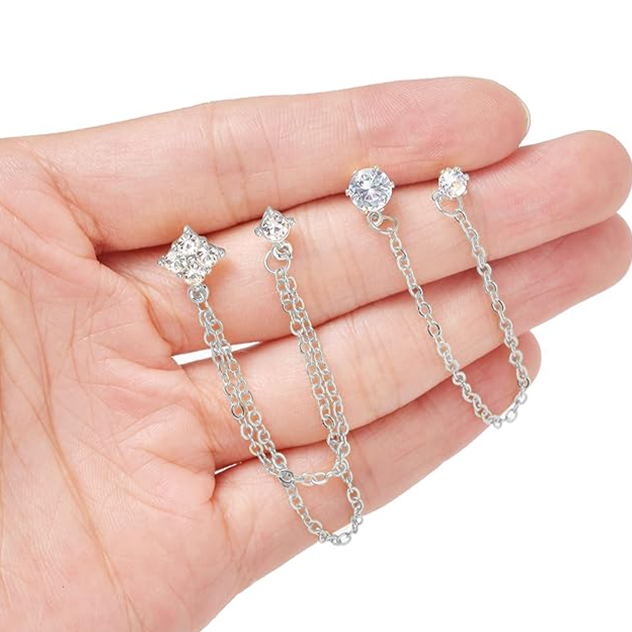 6 Pairs Cuff Earrings Chain Drop Dangle Earrings with CZ Inlaid Wrap Threader Tassel Earrings Cartilage Double Piercing Holes Stainless Steel Earring 