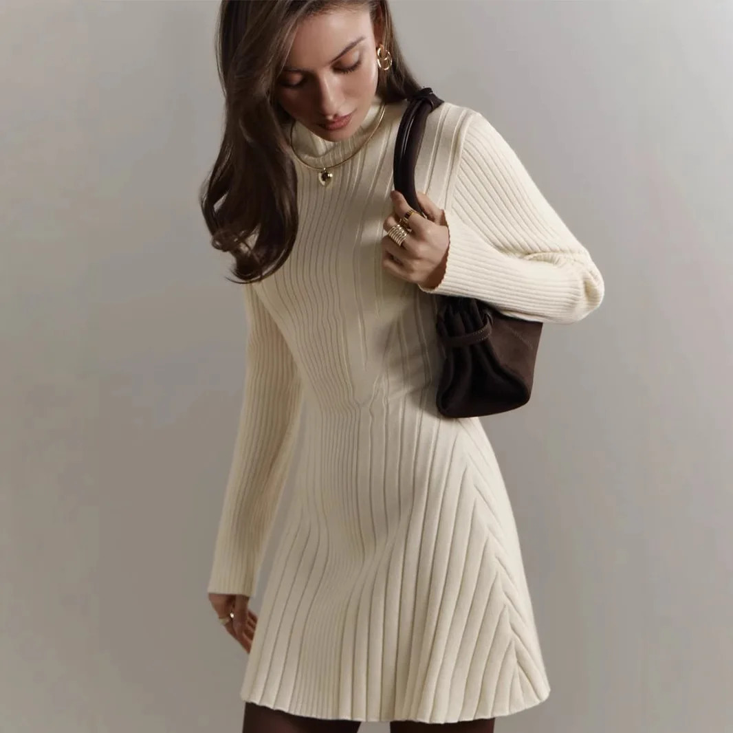 Womens 2025 Spring Knitted Dress Long Sleeve SemiHigh Neck A Line Skirt for an Elegant and Playful Look 251023