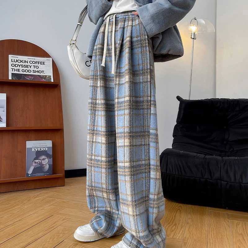 Harajuku Thicken Plaid Pants for Women Autumn Winter Fleece Wide Leg Trousers Woman Baggy Drawstring High Waist Pants LadiesT251025