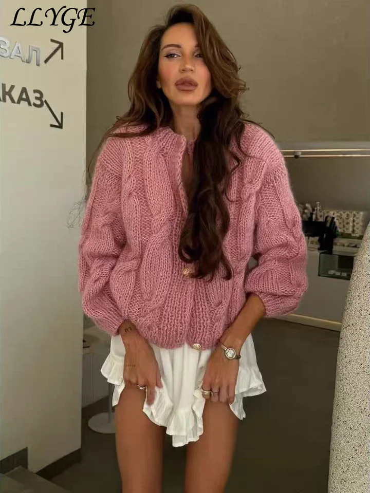 Casual Knit Twist Cardigans For Women Solid Oneck Single Breasted Long Sleeve Womens Sweater Autumn Winter Lady Fur Coat 251021