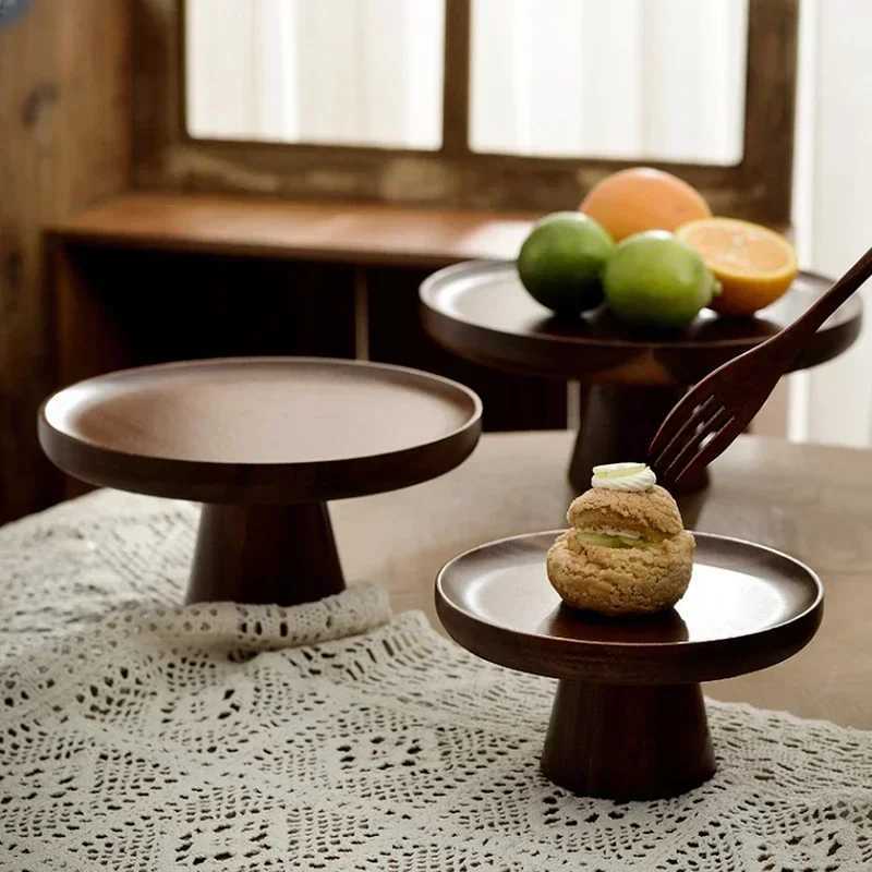 Ins Walnut Color Solid Wood Cake Tray Style Household Living Ro Dish Dessert Table Display Frame Vintage Wood Fruit Tray Y251025