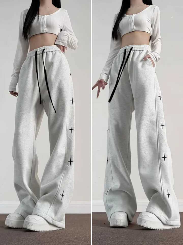 Womens Velvet Star Print Straight Leg Pants Korean Casual Sports Autumn Winter New Item for StudentsT251025
