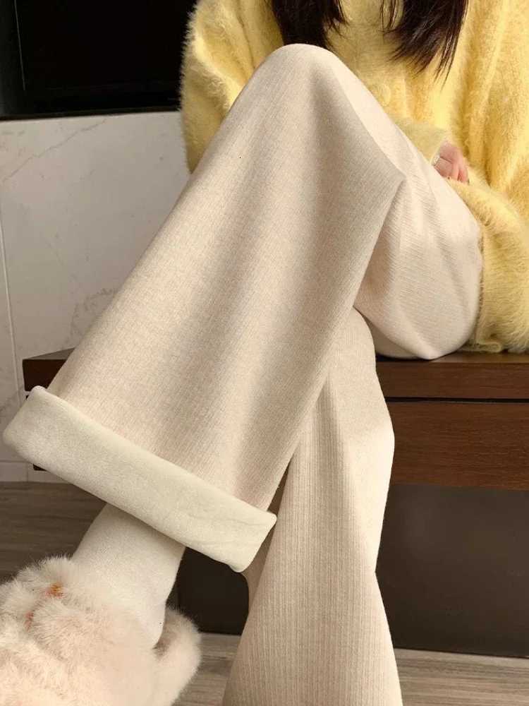Casual Pants Women Warm Loose Soft Plus Velvet Knitted Korean Style Wide Leg Trousers Temper Allmatch Teens Classic PersonalT251025