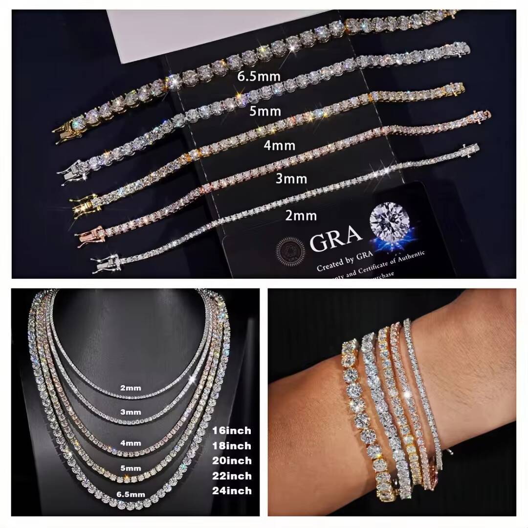 Luxury Men Women Hip Hop Iced Out Fine Jewelry 2MM 3MM 4MM 5MM Lab Diamond S925 Silver Vvs Moissanite Tennis Chain Necklace