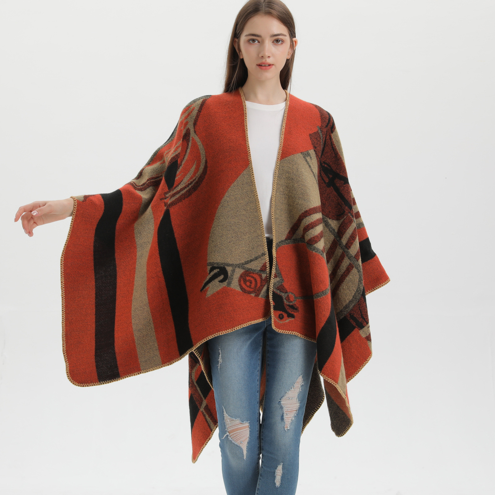 New Womens Shawl Fashion Thickened Imitation Cashmere Split Cape Runway Outerwear