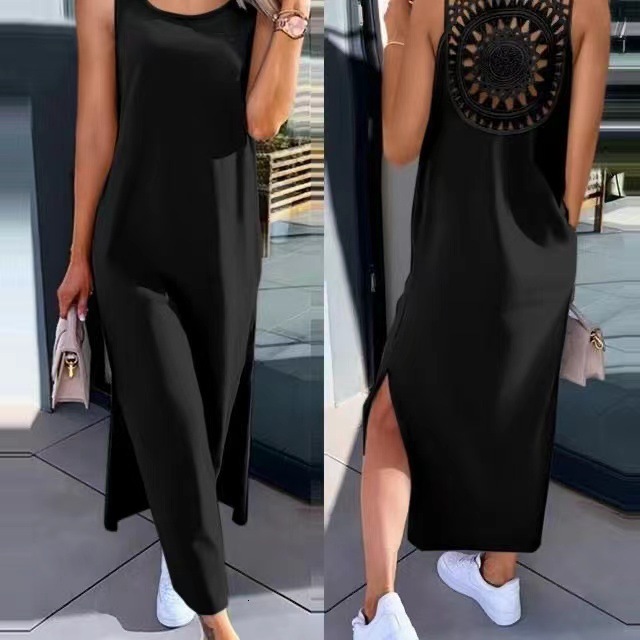 Women's Lace Hollow Out Strap Sleeveless Slit Tank Over-the-Knee Mid-Length Summer Dress
