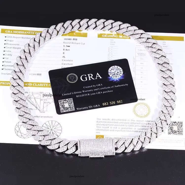 15-20mm Wide VVS Dia Necklace Bracelet Solid Sier Gold Moissanite Cuban Link Chain with GRA Certificate