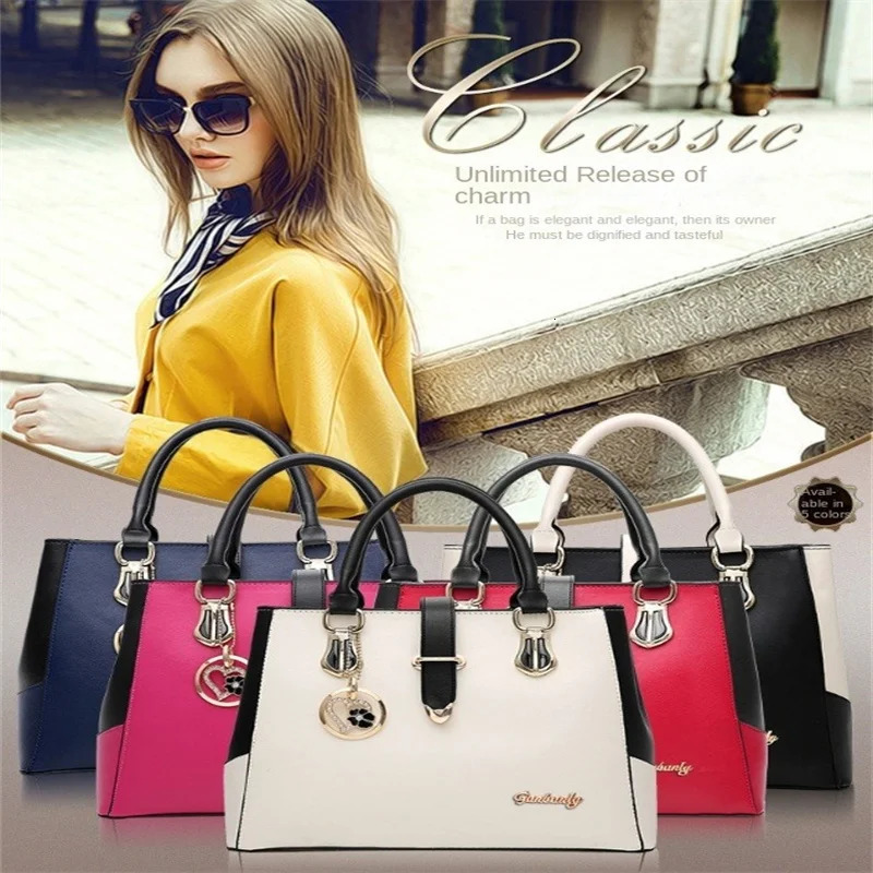Faux Leather Shoulder Bag Womens Fashion Letter Detail Handbag Double Handle Purse 251018