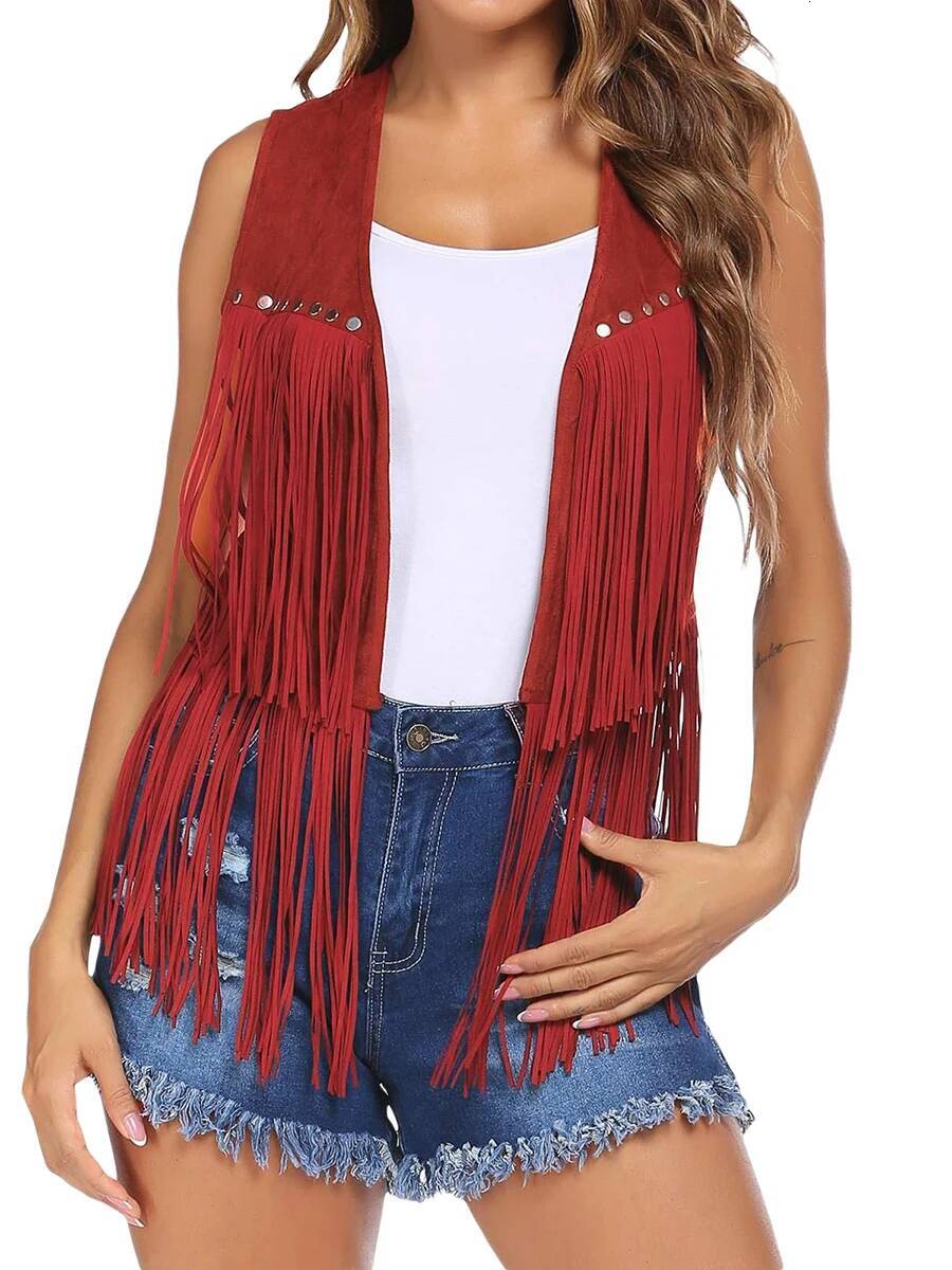 Vintage Women Tassel Vest 70s Hippie Faux Suede Rivets Sleeveless Fringe Jacket Waistcoat Streetwear S-XXXL dongdumaoyi