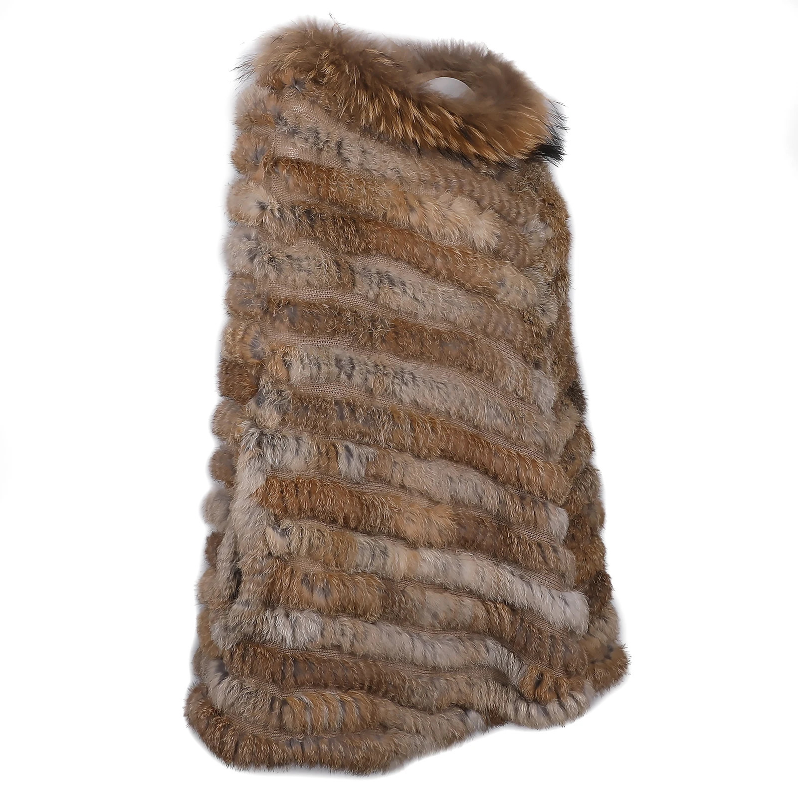 Womens Winter Pullover Poncho Real Rabbit Fur Knitted Cape With Raccoon Fur Trim Collar Lady Shawl Wraps 251024