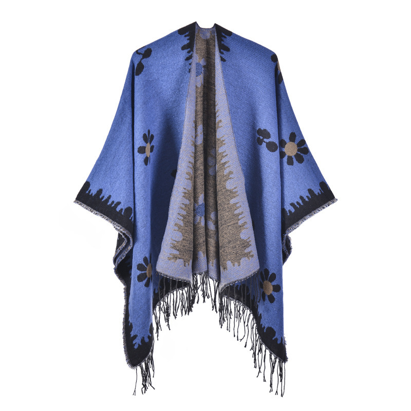 Korean Style Fashion Autumn Winter Shawl New Fresh Floral Knitted Cardigan with Tassels and Slit Warm Outer Cape