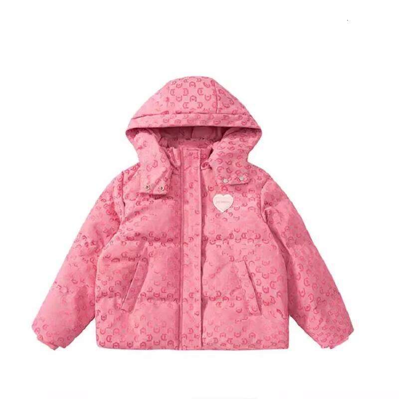 Winter Warm Girls Pink All-Over Print Crop Hooded Zip Puffer Jackets School Kids Thick Coats Children Outfit Windbreaker 5-16 Yr