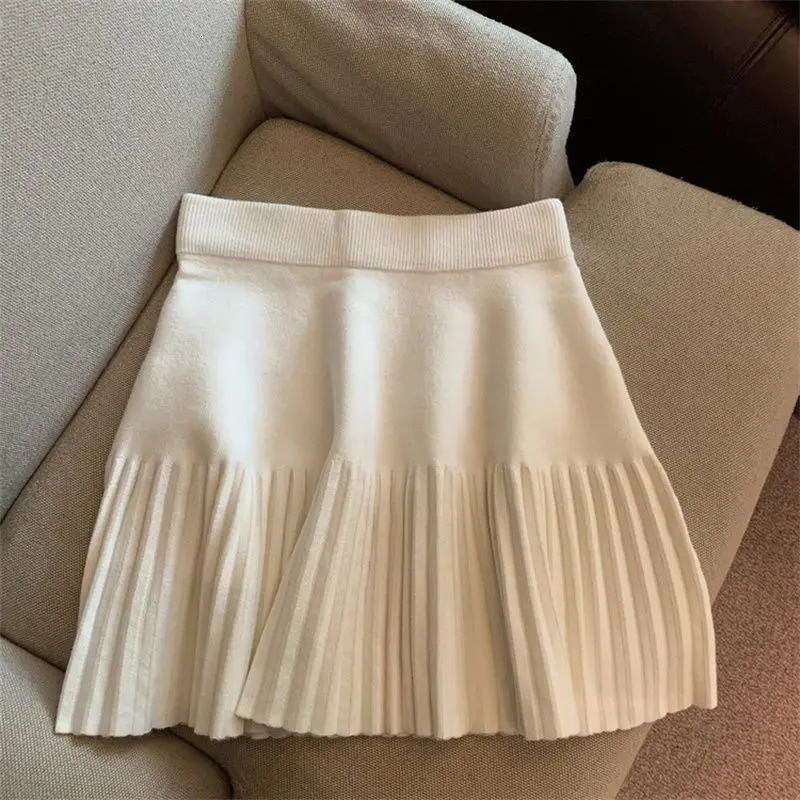 Pleated Mini Skirts Korean Sweet Knitted Skirts Sweet Elastic Waist Ladies Casual Youthful For Womens Clothes Solid Fashion 251013