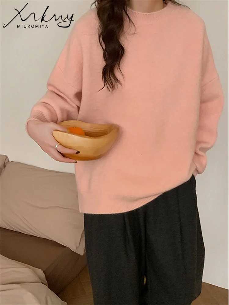 MiuKoMiYa Winter Sweater Women Yellow Warm O Neck Knitted Pullovers Loose Outwear Autumn Jumpers Women Vintage Sweaters PinkT251025