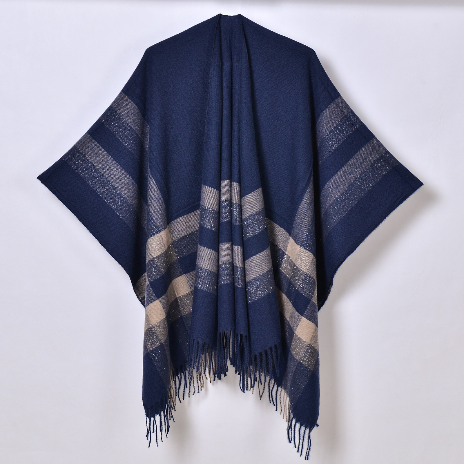New Autumn Winter Silver Stripe Plaid Shawl Simple Versatile Split Cardigan Cape Office Blanket