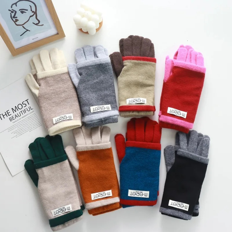 Thickened Leaky Finger Korean Style Ladies DualUse Color Matching Knitted Fashion Touch Screen Finger Knitting Wool Gloves 251023