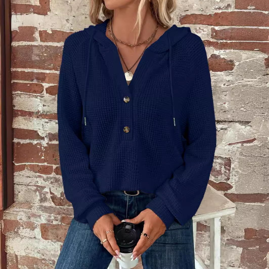 2025 Autumn Winter New Solid Color Hooded Button Loose Long Sleeve Sweatshirt Women's Fashion