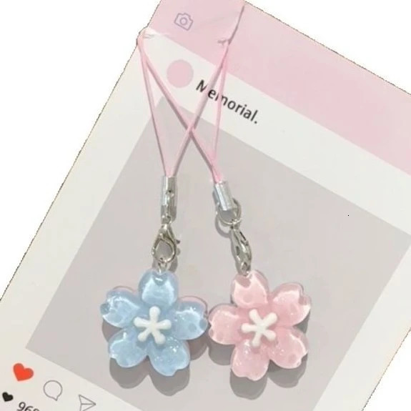 Cute Romance Pink Blue Sakura Flower Pendant Mobile Phone Chain for Women Girls Couple Accessories Bag Keychain Friendship Gift 251021